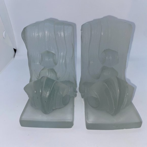 ART DECO CZECH FROSTED ART GLASS BOOKENDS CZECHOSLOVAKIA SIGNED 4"L X 3"W X 5"H - Picture 2 of 14